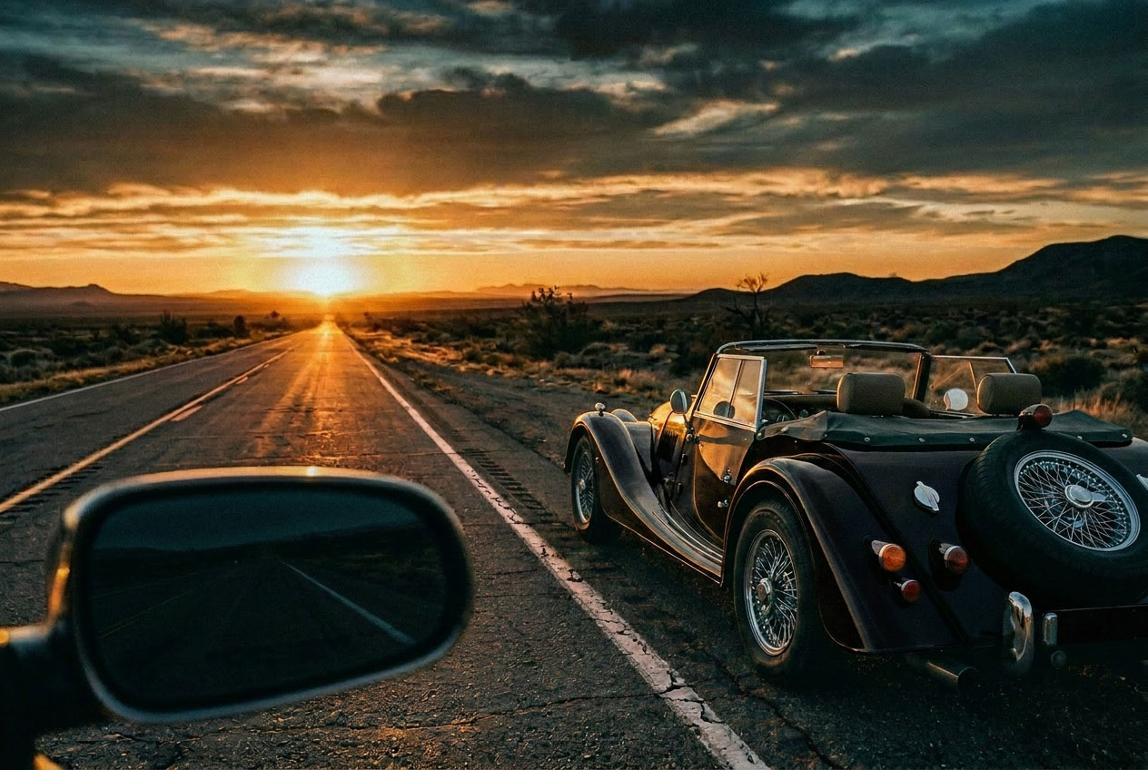 letting go of the past, vintage convertible driving forward on an open road at sunset