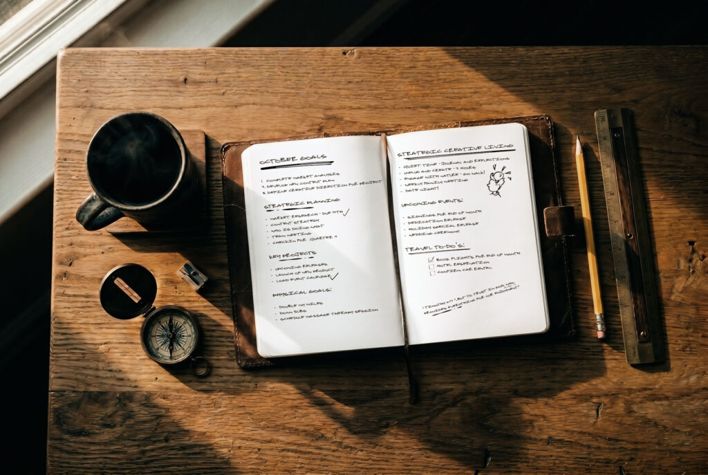 creative business mistakes, open planning journal with goals and strategy notes beside a compass and coffee