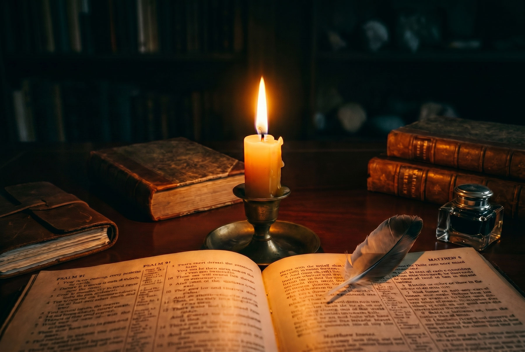 overcoming worry, open Bible by candlelight with quill showing Psalm 91 and Matthew 6