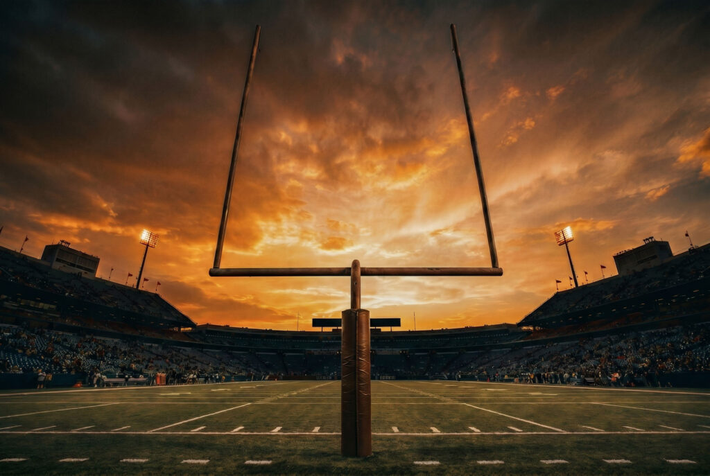 playing offense in life, football goal post silhouetted against a dramatic stadium sunset