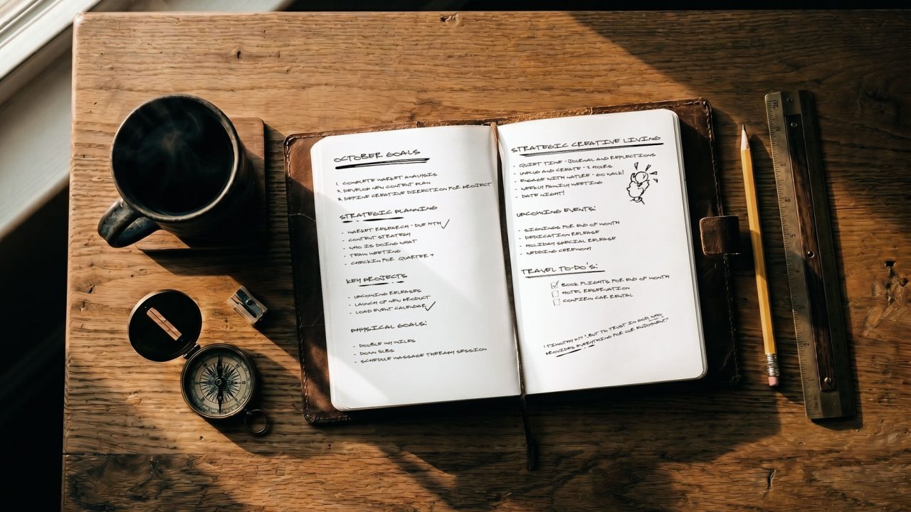 creative business mistakes, open planning journal with goals and strategy notes beside a compass and coffee