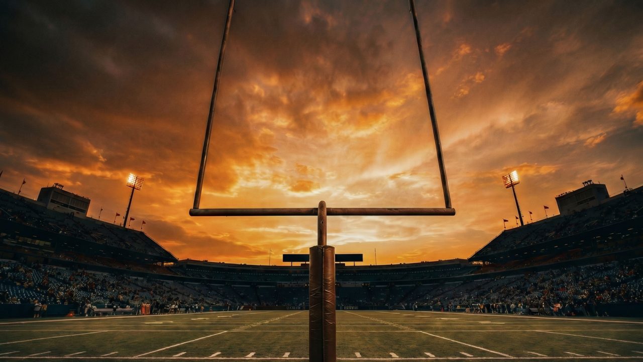 playing offense in life, football goal post silhouetted against a dramatic stadium sunset