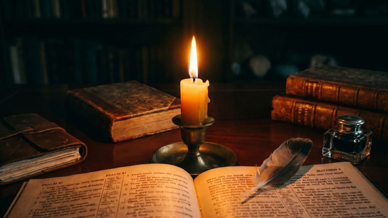 overcoming worry, open Bible by candlelight with quill showing Psalm 91 and Matthew 6